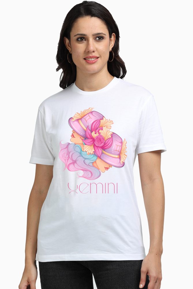 WOMEN || ROUND NECK T-SHIRT || ZODIAC SIGN || ASTROLOGY || GEMINI || FLORAL PRINT || BIRTHDAY || BIRTHDAY || GIFTS FOR HER