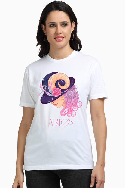 WOMEN || ROUND NECK T-SHIRT || ZODIAC SIGN || ASTROLOGY || ARIES || BIRTHDAY || FLORAL PRINT || GIFTS FOR HER