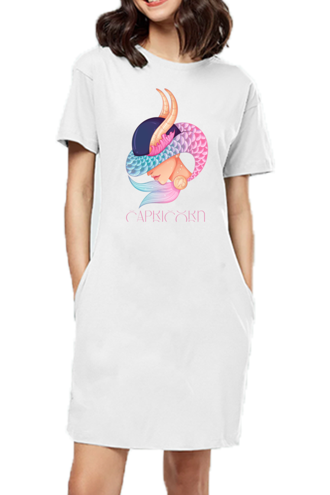 WOMEN || T-SHIRT DRESS || ZODIAC SIGN || ASTROLOGY || CAPRICORN || EARTH || VECTOR ART || MERMAID || HORNED GOAT || BIRTHDAY || GIFT FOR HER