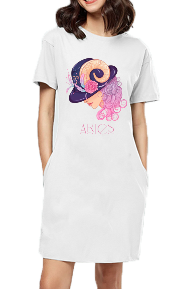 WOMEN || T-SHIRT DRESS || ZODIAC SIGN || ASTROLOGY || ARIES || FLORAL PRINT || BIRTHDAY || GIFTS FOR HER