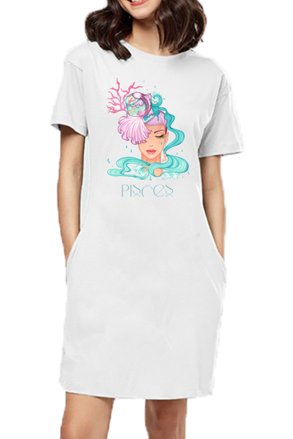 WOMEN || T-SHIRT DRESS || ZODIAC SIGN || ASTROLOGY || PISCES || ROMANTIC || LOWBROW || SPIRITUAL || FISH || MERMAID || BIRTHDAY || GIFT FOR HER