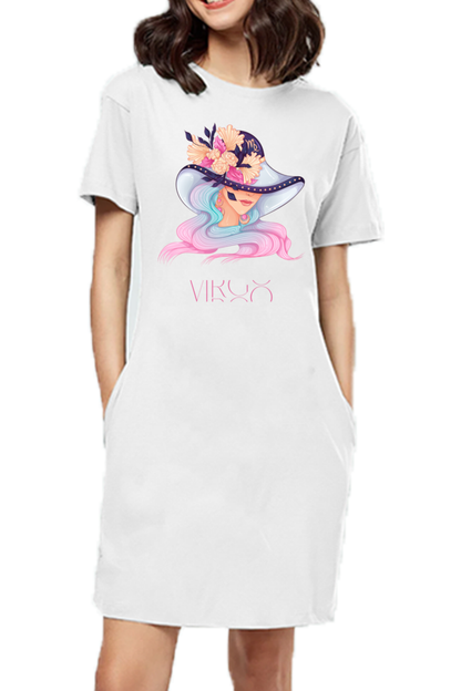 WOMEN || T-SHIRT DRESS || ZODIAC SIGN || ASTROLOGY || VIRGO || FLORAL PRINT || VECTOR ART || COSMIC || BIRTHDAY || GIFTS FOR HER