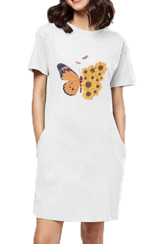 WOMEN || T-SHIRT DRESS || FLORAL PRINT || NATURE || BOHO || BUTTERFLY || SUNFLOWER ||  GENERATIVE ART