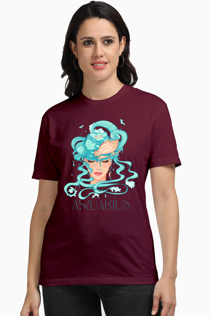 WOMEN || ROUND NECK T-SHIRT || ZODIAC SIGN || ASTROLOGY ||  AQUARIUS || CONFIDENCE || WATER || PSYCHEDELIC ART || BIRTHDAY || GIFT FOR HER