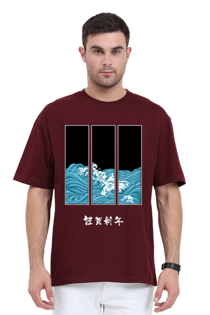 MEN || ROUND NECK OVERSIZED CLASSIC T-SHIRT || JAPANESE ART || HAPPY NEW YEAR || THE GREAT WAVE OFF KANAGAWA