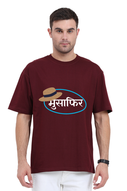 MEN || ROUND NECK OVERSIZED CLASSIC T-SHIRT || TRAVEL || HAT DESIGN || HINDI TEXT || MUSAFIR