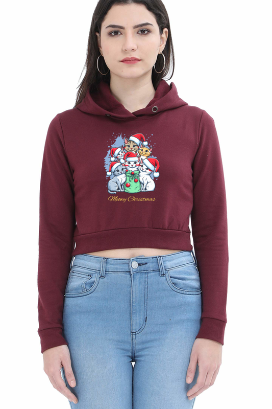 WOMEN || CROP HOODIES || MERRY CHRISTMAS || MEOWY CHRISTMAS HOODIE || CUTE CATS