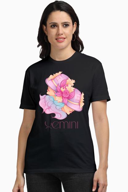 WOMEN || ROUND NECK T-SHIRT || ZODIAC SIGN || ASTROLOGY || GEMINI || FLORAL PRINT || BIRTHDAY || BIRTHDAY || GIFTS FOR HER