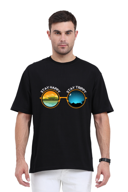 MEN || ROUND NECK OVERSIZED CLASSIC T-SHIRT || MOTIVATIONAL QUOTE || STAY HAPPY STAY TRIPPY