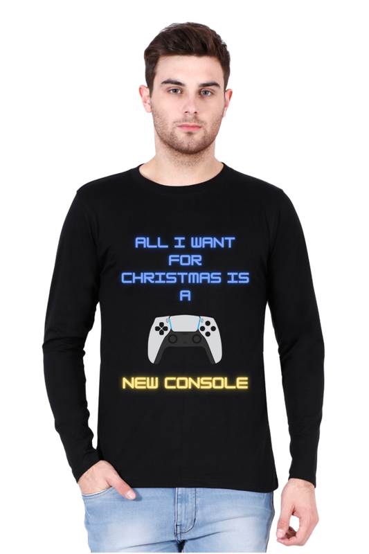 MEN || ROUND NECK FULL SLEEVES T-SHIRT || MERRY CHRISTMAS || STREETWEAR || PLAYSTATION CONSOLE || VECTOR ART || GAMER GIFT || GAMER STYLE || GAMING LOVER || ALL I WANT FOR CHRISTMAS IS A NEW CONSOLE