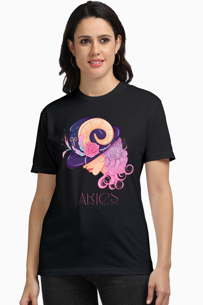 WOMEN || ROUND NECK T-SHIRT || ZODIAC SIGN || ASTROLOGY || ARIES || BIRTHDAY || FLORAL PRINT || GIFTS FOR HER