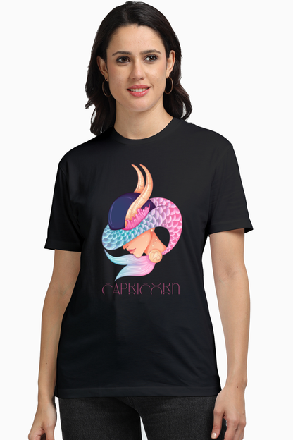 WOMEN || ROUND NECK T-SHIRT || ZODIAC SIGN || ASTROLOGY || CAPRICORN || EARTH || VECTOR ART || MERMAID || HORNED GOAT || BIRTHDAY || GIFT FOR HER