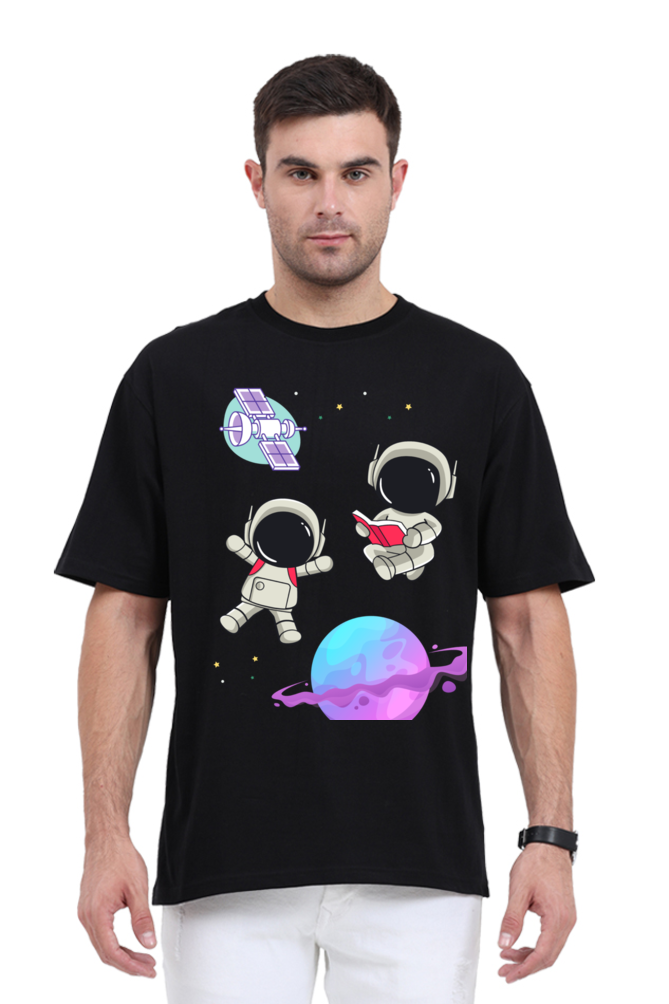 MEN || ROUND NECK OVERSIZED CLASSIC T-SHIRT || SPACE GRAPHIC || CUTE ASTRONAUT || STARS AND PLANETS || COSMIC DESIGN