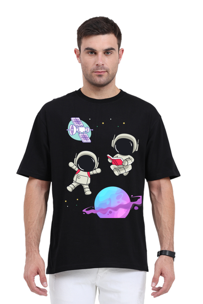 MEN || ROUND NECK OVERSIZED CLASSIC T-SHIRT || SPACE GRAPHIC || CUTE ASTRONAUT || STARS AND PLANETS || COSMIC DESIGN