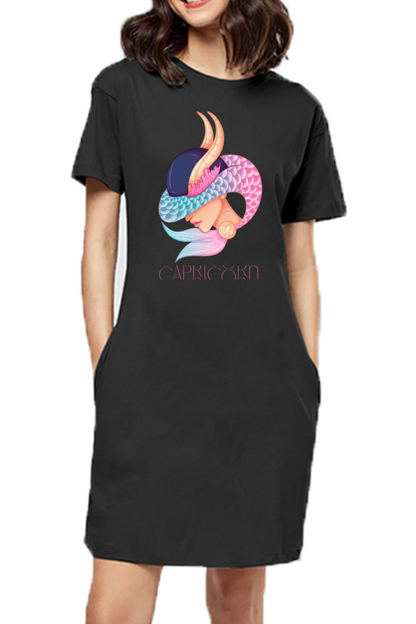 WOMEN || T-SHIRT DRESS || ZODIAC SIGN || ASTROLOGY || CAPRICORN || EARTH || VECTOR ART || MERMAID || HORNED GOAT || BIRTHDAY || GIFT FOR HER