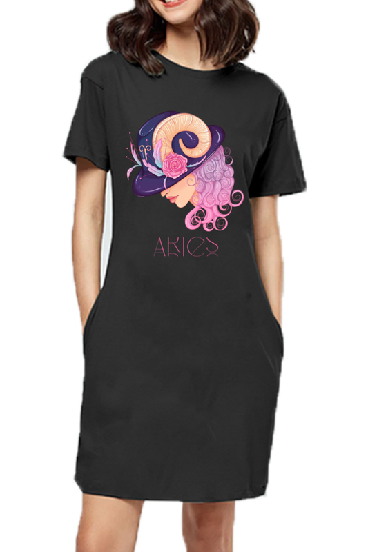 WOMEN || T-SHIRT DRESS || ZODIAC SIGN || ASTROLOGY || ARIES || FLORAL PRINT || BIRTHDAY || GIFTS FOR HER