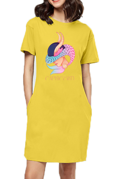 WOMEN || T-SHIRT DRESS || ZODIAC SIGN || ASTROLOGY || CAPRICORN || EARTH || VECTOR ART || MERMAID || HORNED GOAT || BIRTHDAY || GIFT FOR HER