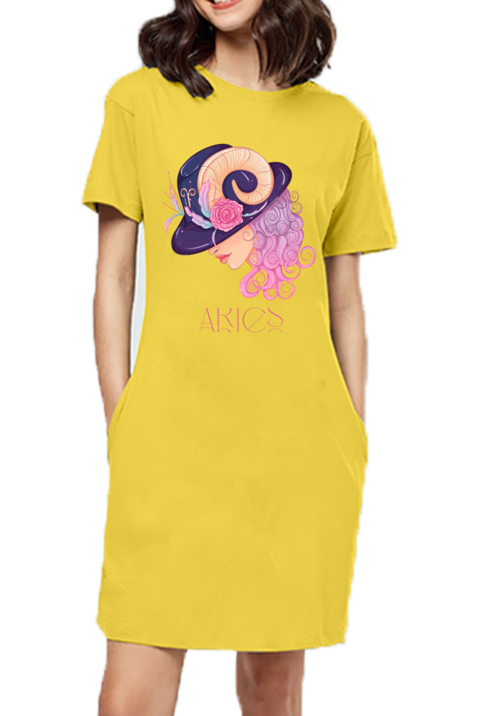 WOMEN || T-SHIRT DRESS || ZODIAC SIGN || ASTROLOGY || ARIES || FLORAL PRINT || BIRTHDAY || GIFTS FOR HER