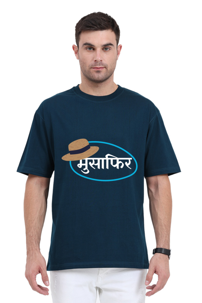 MEN || ROUND NECK OVERSIZED CLASSIC T-SHIRT || TRAVEL || HAT DESIGN || HINDI TEXT || MUSAFIR