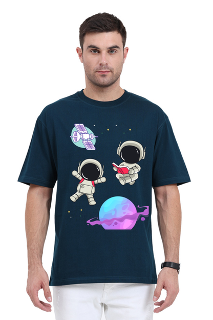 MEN || ROUND NECK OVERSIZED CLASSIC T-SHIRT || SPACE GRAPHIC || CUTE ASTRONAUT || STARS AND PLANETS || COSMIC DESIGN