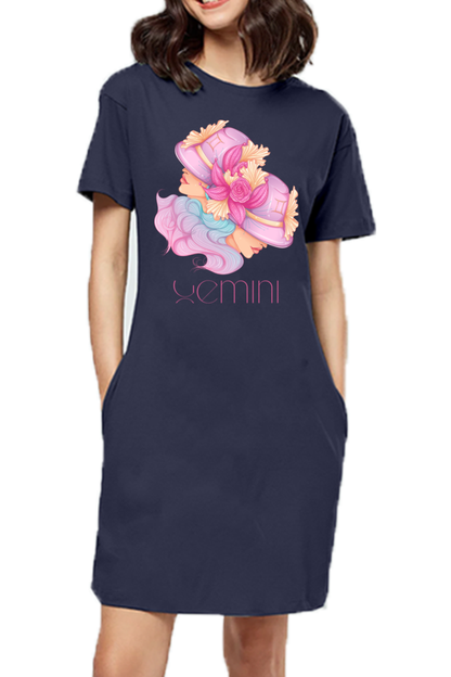 WOMEN || T-SHIRT DRESS || ZODIAC SIGN || ASTROLOGY || GEMINI || FLORAL PRINT || BIRTHDAY ||GIFTS FOR HER