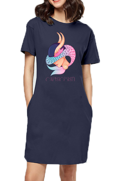 WOMEN || T-SHIRT DRESS || ZODIAC SIGN || ASTROLOGY || CAPRICORN || EARTH || VECTOR ART || MERMAID || HORNED GOAT || BIRTHDAY || GIFT FOR HER