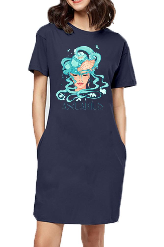 WOMEN || T-SHIRT DRESS || ZODIAC SIGN || ASTROLOGY || AQUARIUS || CONFIDENCE || WATER || PSYCHEDELIC ART || BIRTHDAY || GIFT FOR HER