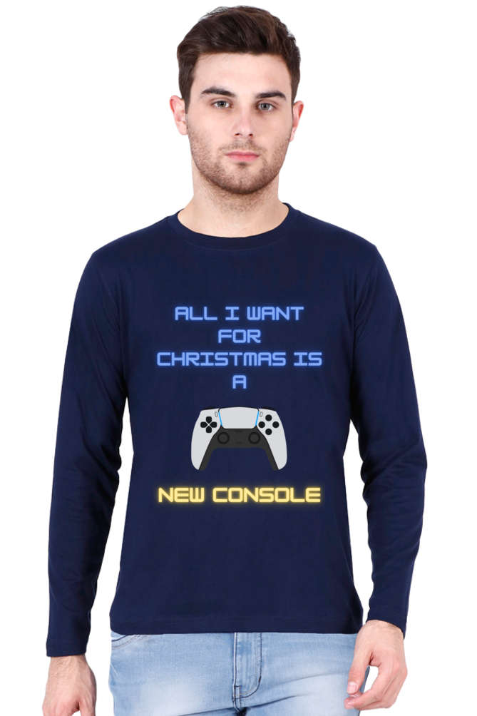 MEN || ROUND NECK FULL SLEEVES T-SHIRT || MERRY CHRISTMAS || STREETWEAR || PLAYSTATION CONSOLE || VECTOR ART || GAMER GIFT || GAMER STYLE || GAMING LOVER || ALL I WANT FOR CHRISTMAS IS A NEW CONSOLE