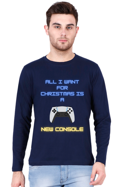 MEN || ROUND NECK FULL SLEEVES T-SHIRT || MERRY CHRISTMAS || STREETWEAR || PLAYSTATION CONSOLE || VECTOR ART || GAMER GIFT || GAMER STYLE || GAMING LOVER || ALL I WANT FOR CHRISTMAS IS A NEW CONSOLE