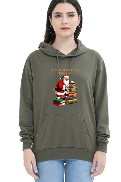 WOMEN || HOODIE SWEATSHIRT || MERRY CHRISTMAS || STREETWEAR || BOOKWORM || BOOK LOVER || SANTA CLAUS || READER || HOLIDAY FASHION || CUTE SANTA || GRAPHIC DESIGN || CHRISTMAS GIFTS || WINTER WEAR