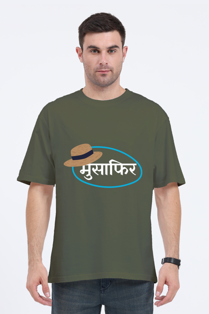 MEN || ROUND NECK OVERSIZED CLASSIC T-SHIRT || TRAVEL || HAT DESIGN || HINDI TEXT || MUSAFIR