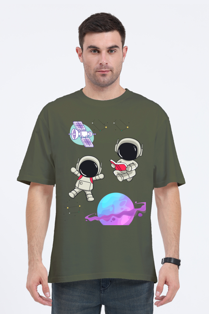 MEN || ROUND NECK OVERSIZED CLASSIC T-SHIRT || SPACE GRAPHIC || CUTE ASTRONAUT || STARS AND PLANETS || COSMIC DESIGN