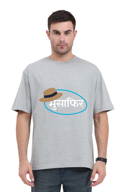 MEN || ROUND NECK OVERSIZED CLASSIC T-SHIRT || TRAVEL || HAT DESIGN || HINDI TEXT || MUSAFIR