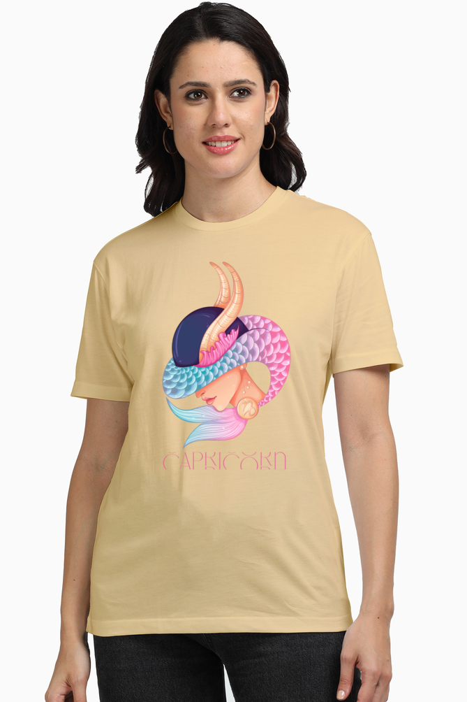 WOMEN || ROUND NECK T-SHIRT || ZODIAC SIGN || ASTROLOGY || CAPRICORN || EARTH || VECTOR ART || MERMAID || HORNED GOAT || BIRTHDAY || GIFT FOR HER