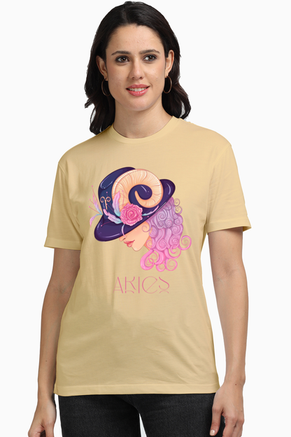 WOMEN || ROUND NECK T-SHIRT || ZODIAC SIGN || ASTROLOGY || ARIES || BIRTHDAY || FLORAL PRINT || GIFTS FOR HER