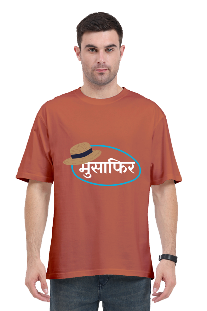 MEN || ROUND NECK OVERSIZED CLASSIC T-SHIRT || TRAVEL || HAT DESIGN || HINDI TEXT || MUSAFIR