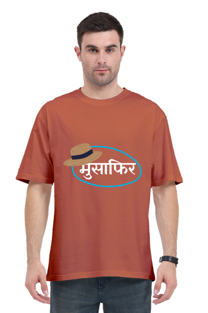 MEN || ROUND NECK OVERSIZED CLASSIC T-SHIRT || TRAVEL || HAT DESIGN || HINDI TEXT || MUSAFIR