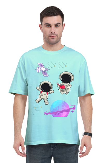 MEN || ROUND NECK OVERSIZED CLASSIC T-SHIRT || SPACE GRAPHIC || CUTE ASTRONAUT || STARS AND PLANETS || COSMIC DESIGN