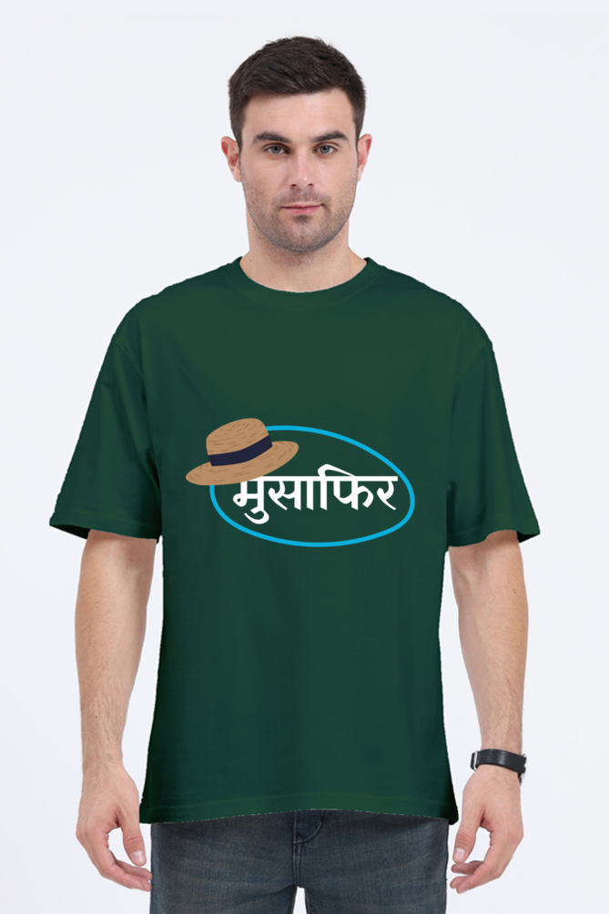 MEN || ROUND NECK OVERSIZED CLASSIC T-SHIRT || TRAVEL || HAT DESIGN || HINDI TEXT || MUSAFIR