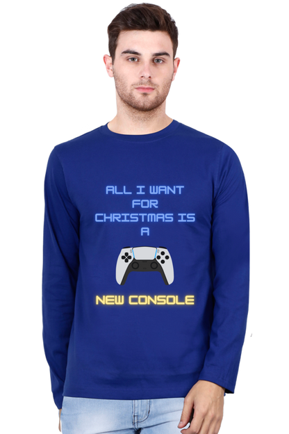 MEN || ROUND NECK FULL SLEEVES T-SHIRT || MERRY CHRISTMAS || STREETWEAR || PLAYSTATION CONSOLE || VECTOR ART || GAMER GIFT || GAMER STYLE || GAMING LOVER || ALL I WANT FOR CHRISTMAS IS A NEW CONSOLE